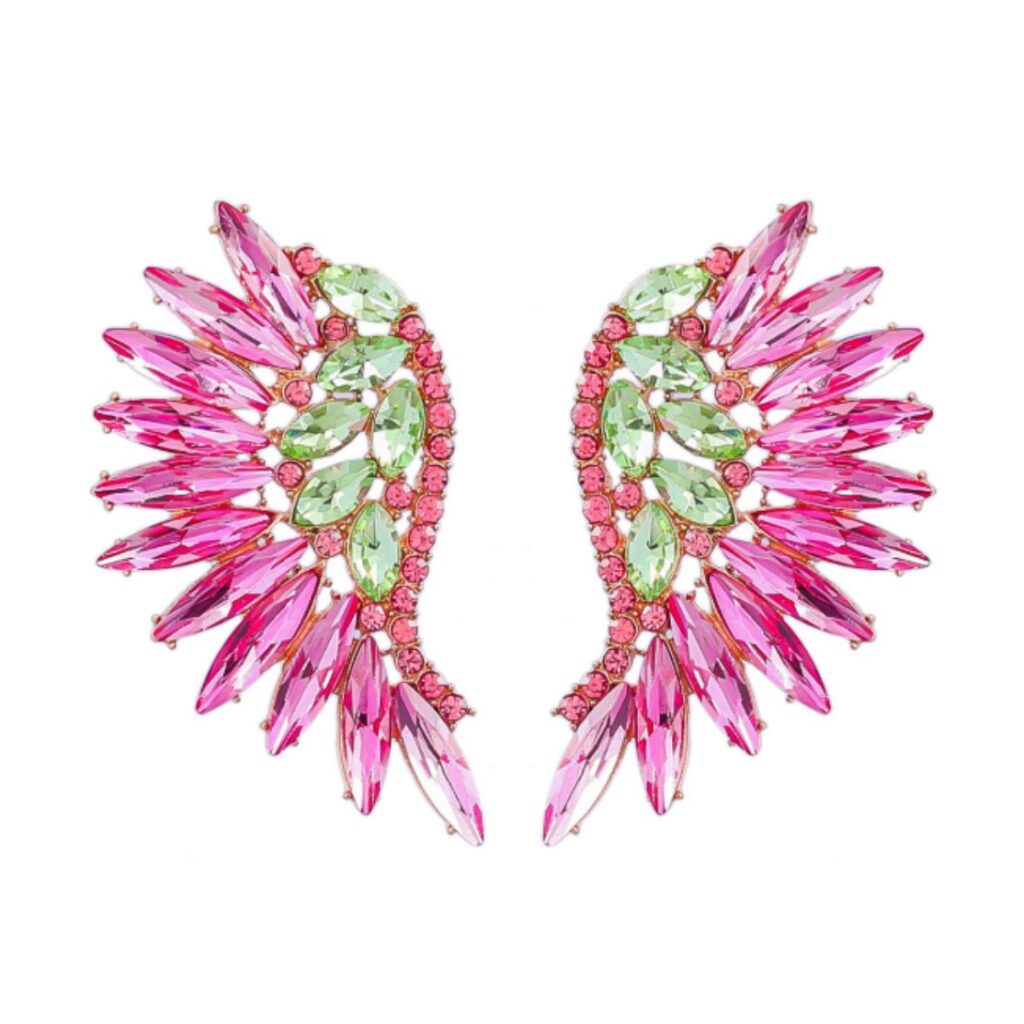 brinco fucsia e verde de festa asa de cristais