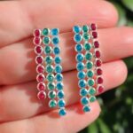 brinco fucsia e verde prata de festa de zirconia minimalista elegante