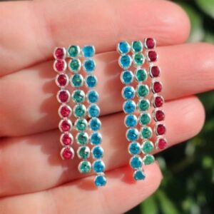 Brinco fúcsia e verde prata de festa de zircônia minimalista elegante