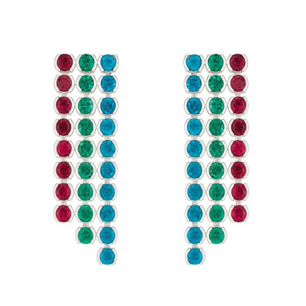 brinco fucsia e verde prata de festa de zirconia minimalista elegante E