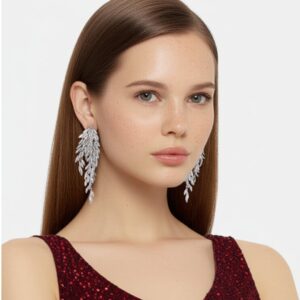 Brinco prata de festa luxuoso de zircônias ramo de folhas