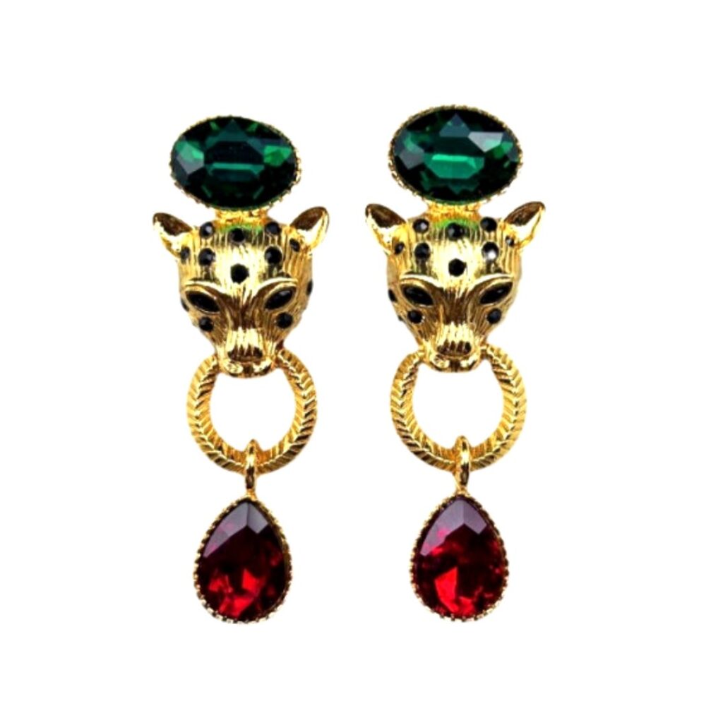 brinco verde e marsala de festa tigre dourado