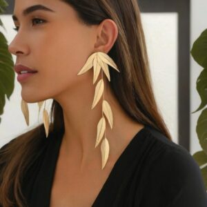 Maxi Brinco Dourado de Folhas Super Longo Extravagante