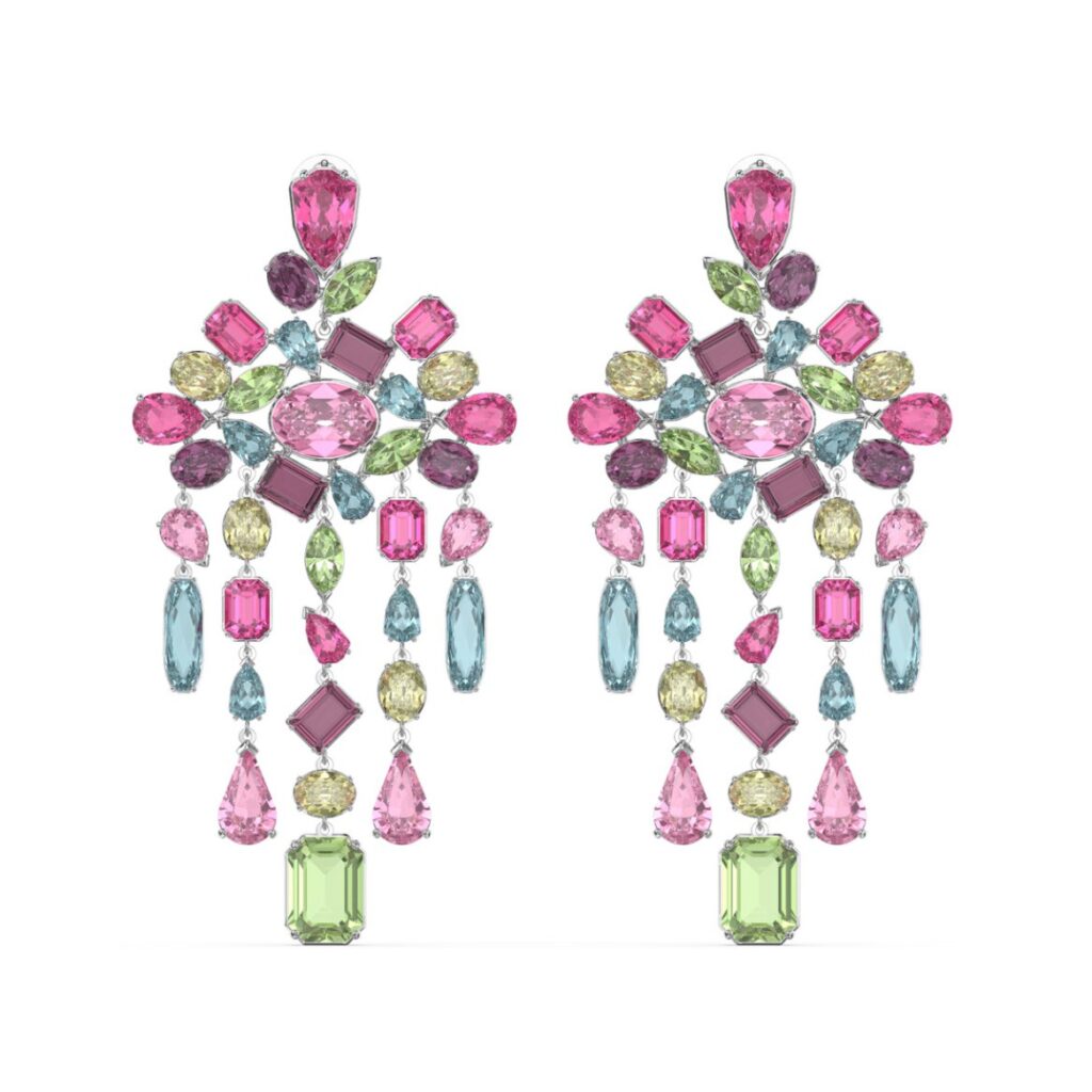 maxi brinco colorido de festa rosa e verde de cristais