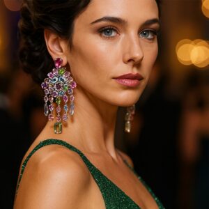 maxi brinco colorido de festa rosa e verde de cristais fffddfff