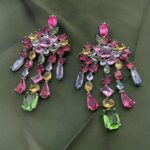 maxi brinco colorido de festa rosa e verde de cristais ffffff