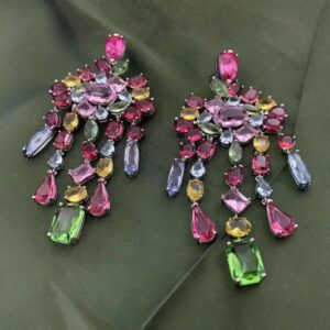 Maxi Brinco Colorido de Festa Rosa e Verde de Cristais